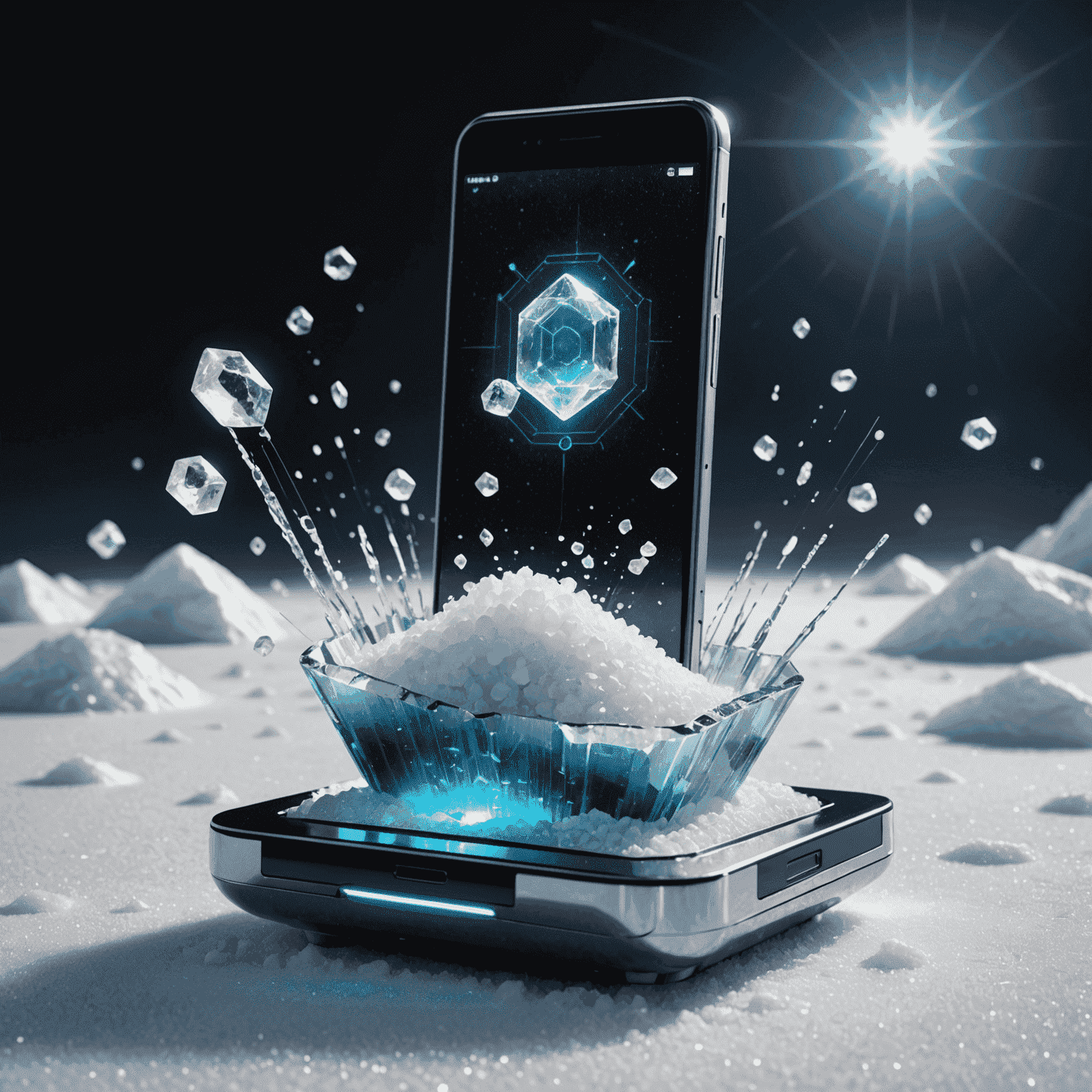 A futuristic mobile device hovering over a crystalline salt structure, with energy beams connecting the salt to the phone, symbolizing the innovative salt recarga technology