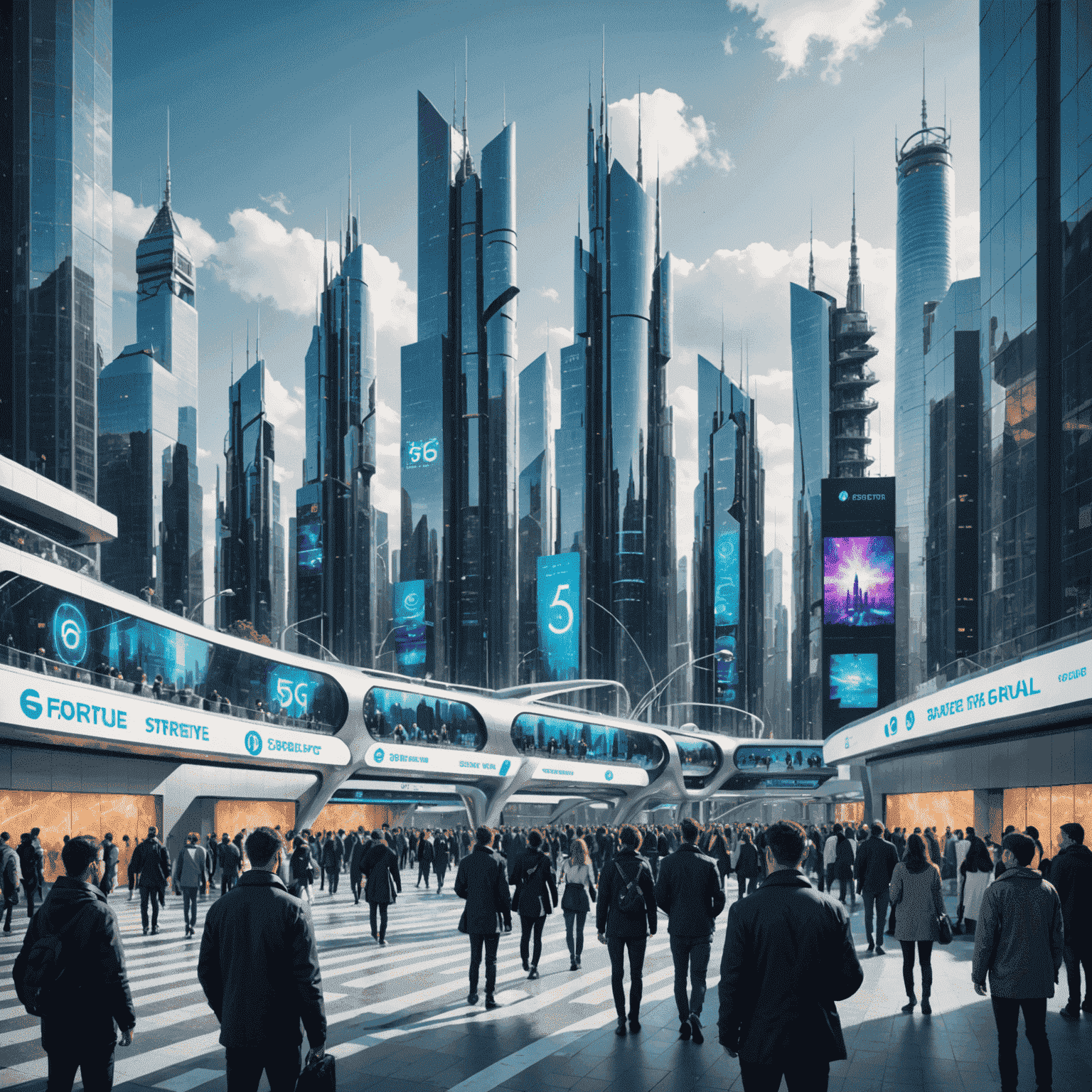 A futuristic cityscape with 5G towers and people using advanced mobile devices, showcasing the interconnectedness of 5G technology