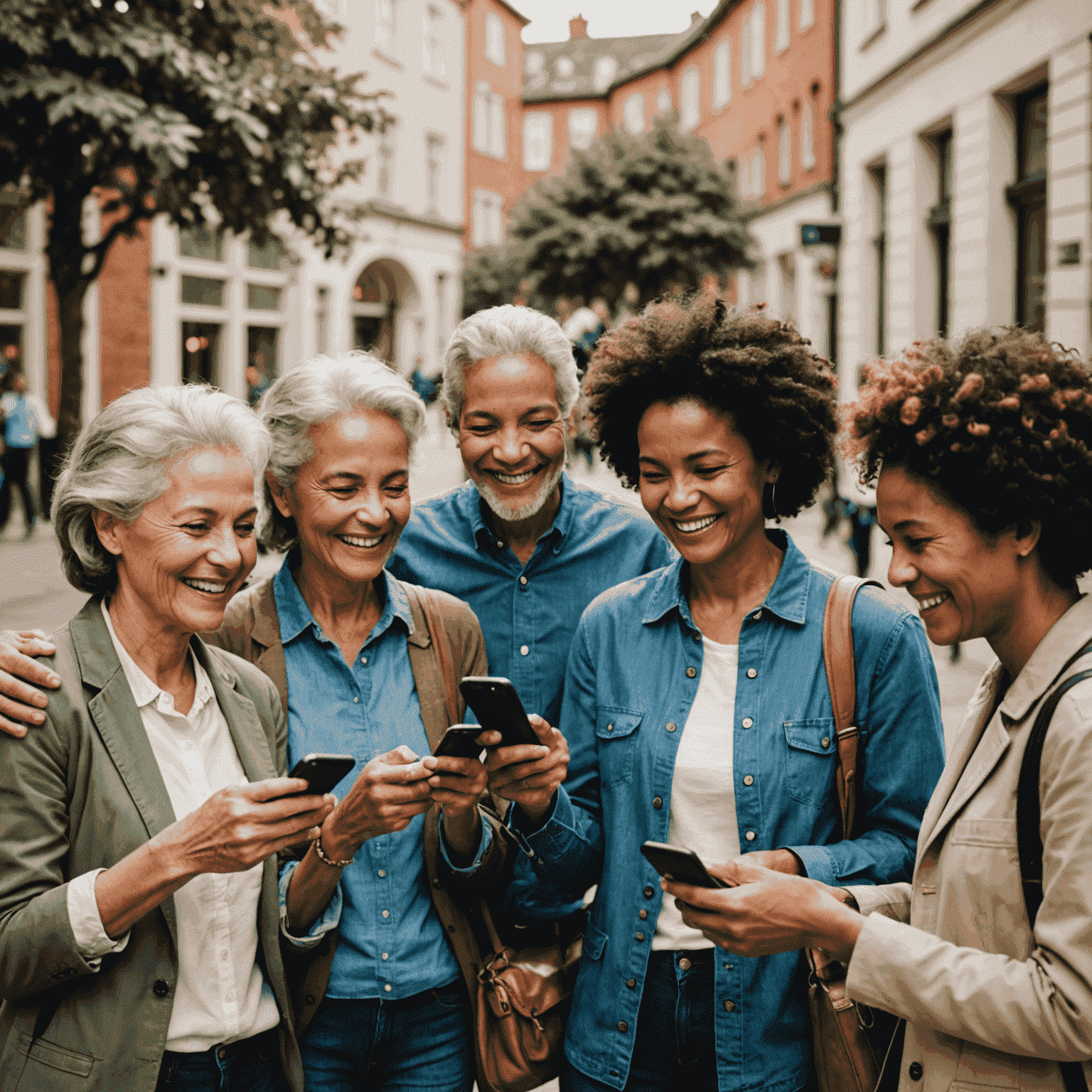 A group of diverse people using mobile phones, smiling and talking, representing the joy of communication through our voice plans. The image showcases various age groups and ethnicities to highlight the universal appeal of our services.