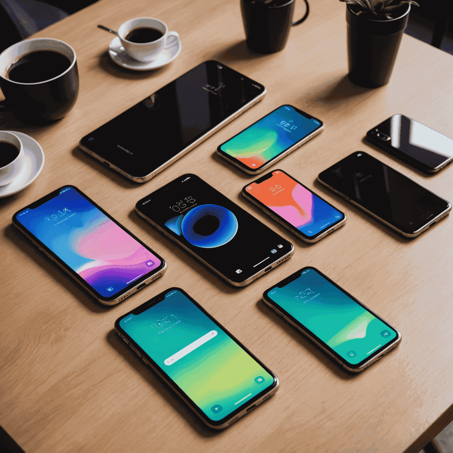 A collection of the latest smartphone models displayed on a sleek, modern table. The phones are arranged neatly, showcasing their slim designs and vibrant screens.