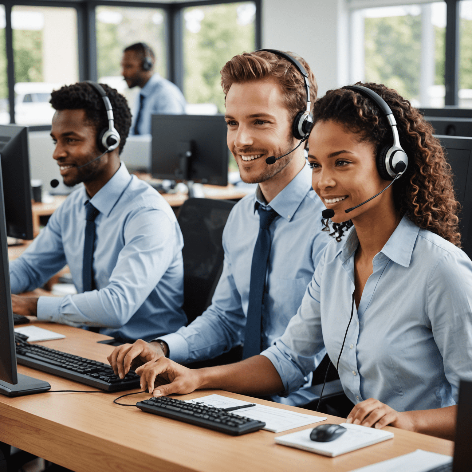 A team of customer support representatives working at their desks with headsets, symbolizing 24/7 availability