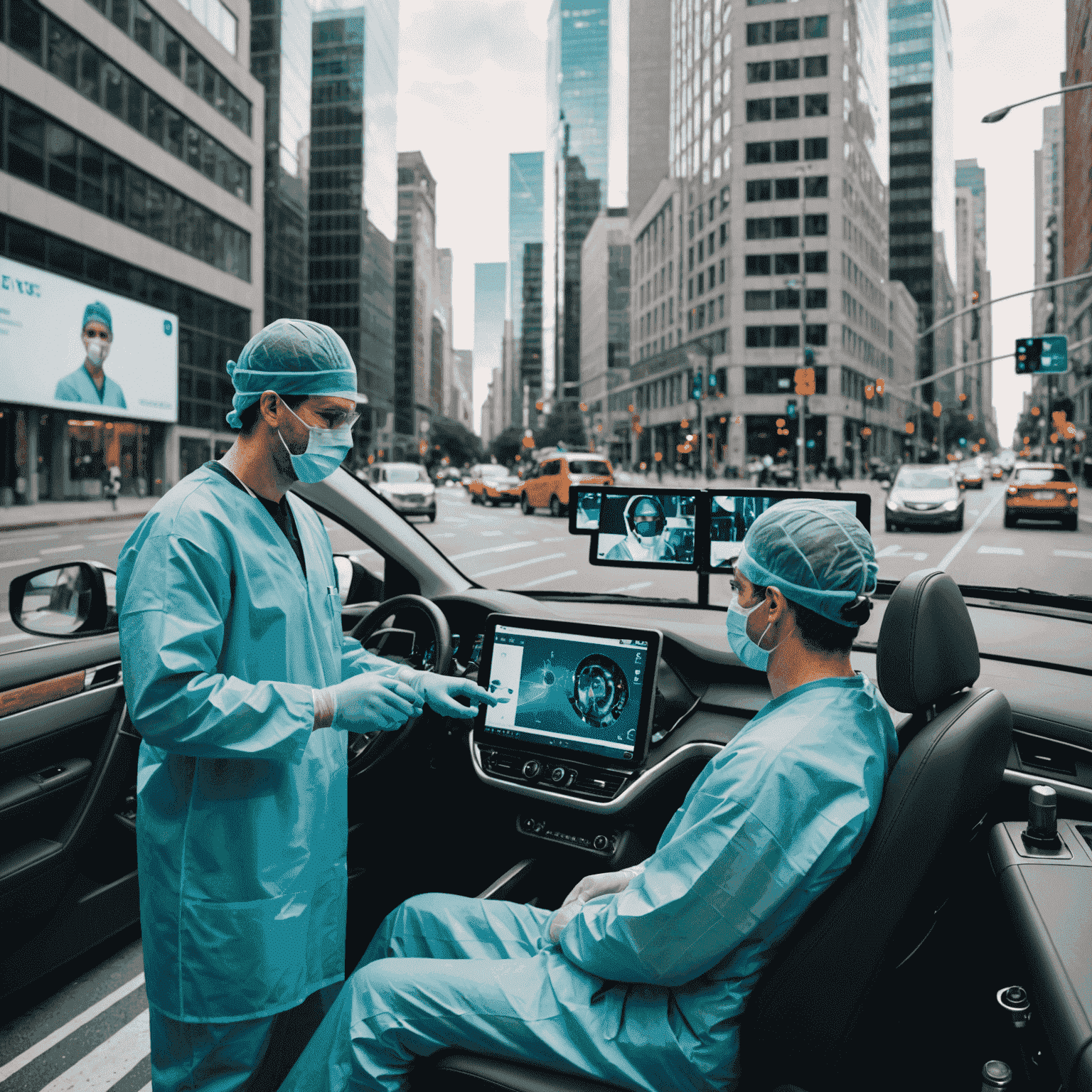 A split-screen image showing a surgeon performing remote surgery using 5G technology on one side, and an autonomous vehicle navigating city streets on the other