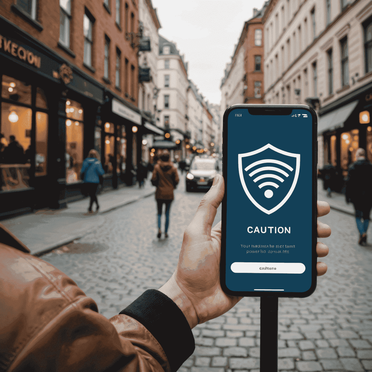 A person using a smartphone on public Wi-Fi with a shield icon overlay, illustrating the need for caution
