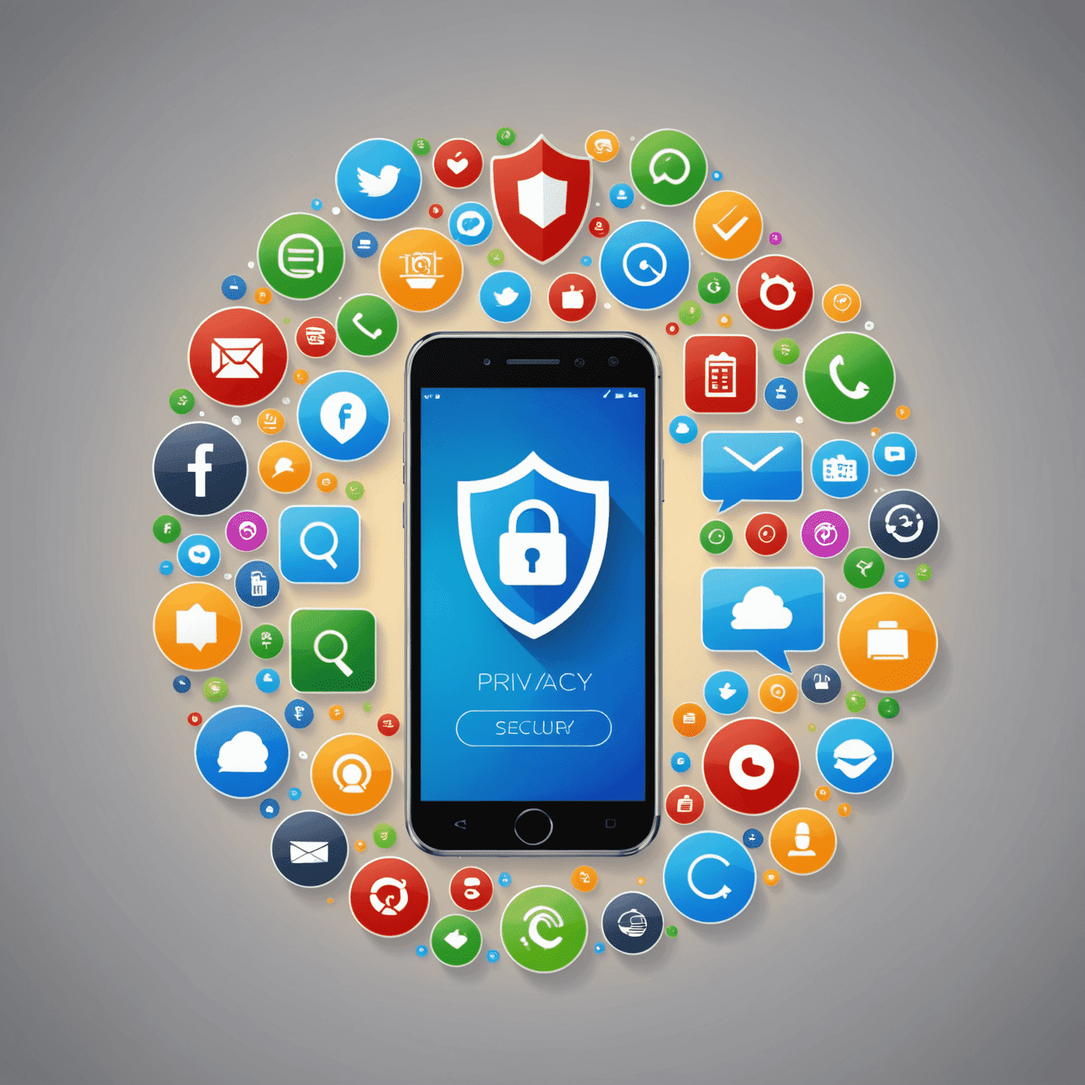 Illustration showing a mobile phone with various communication app icons and a shield symbol, representing privacy and security in mobile communication