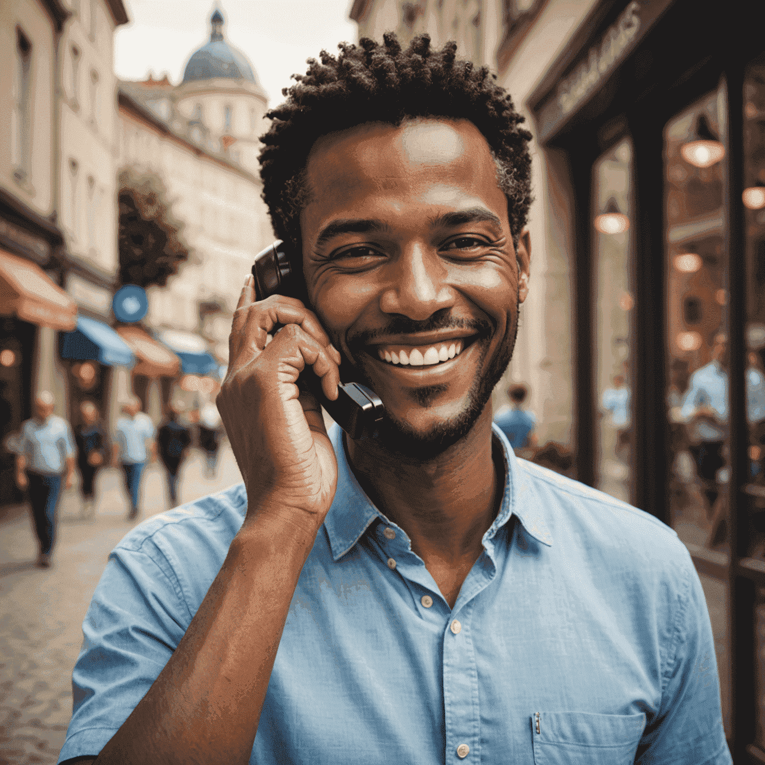 A smiling customer talking on a mobile phone, representing satisfaction with Salidore's support services