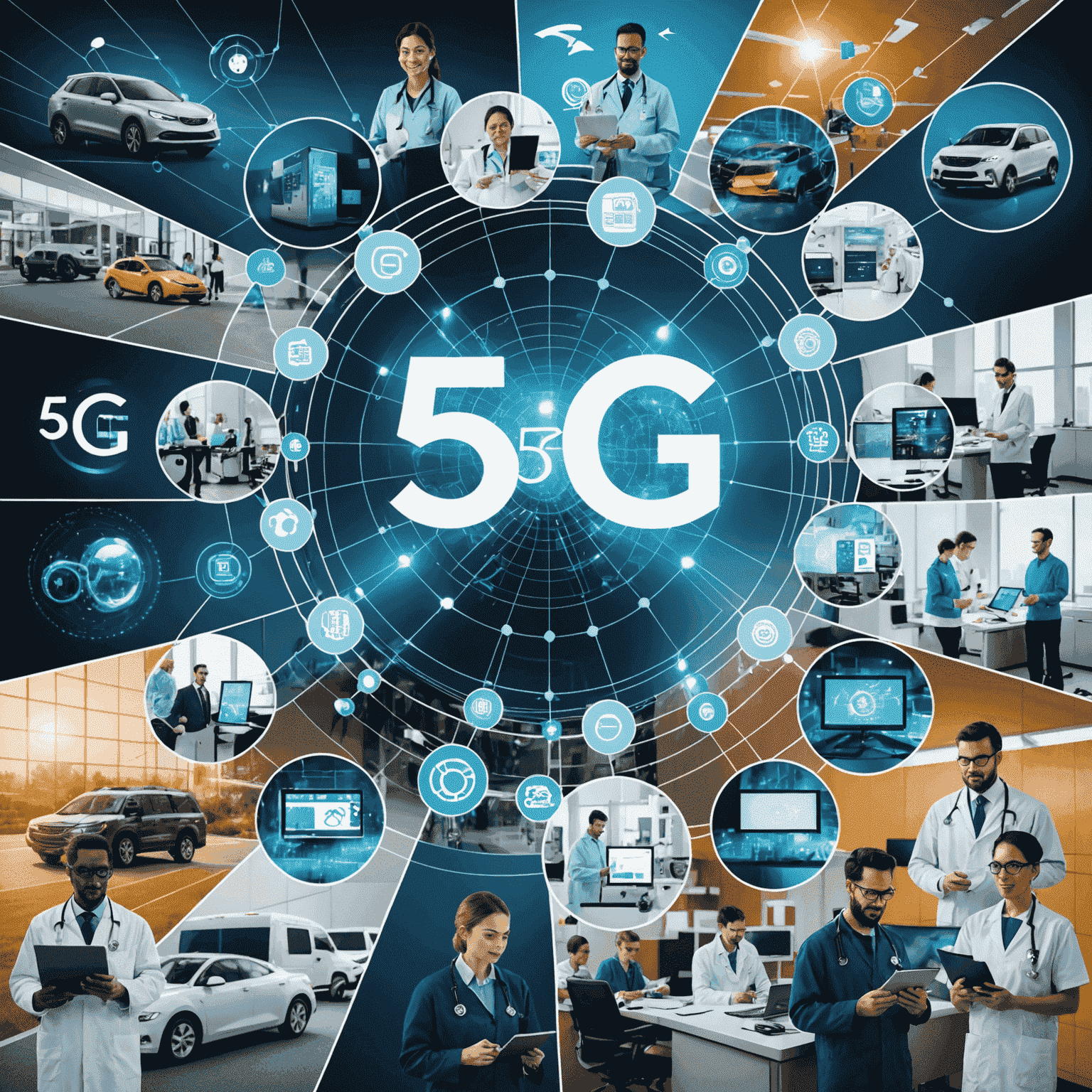 A collage showing 5G applications in healthcare, manufacturing, entertainment, and transportation, highlighting the technology's versatility