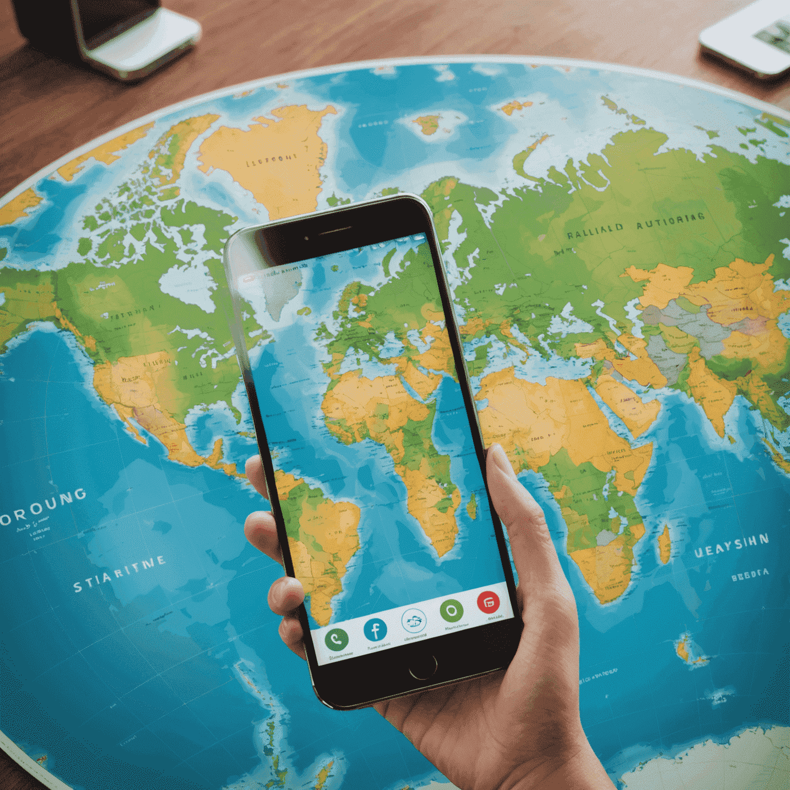 A world map with highlighted countries and a smartphone showing roaming options