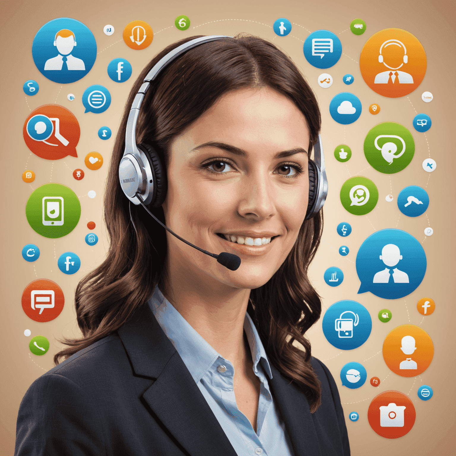 A friendly customer service representative with a headset, surrounded by support icons